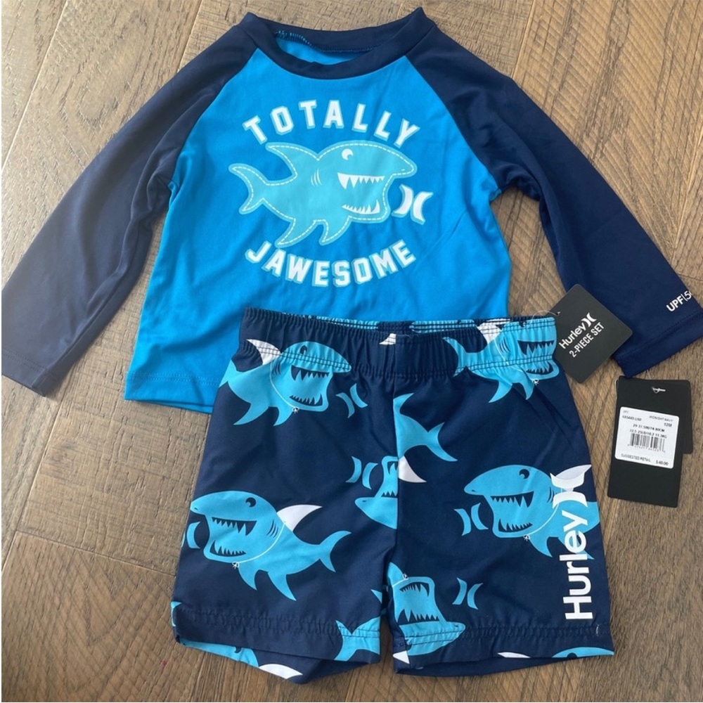 Hurley Blue Rashguard Swim Set with Shark Graphics